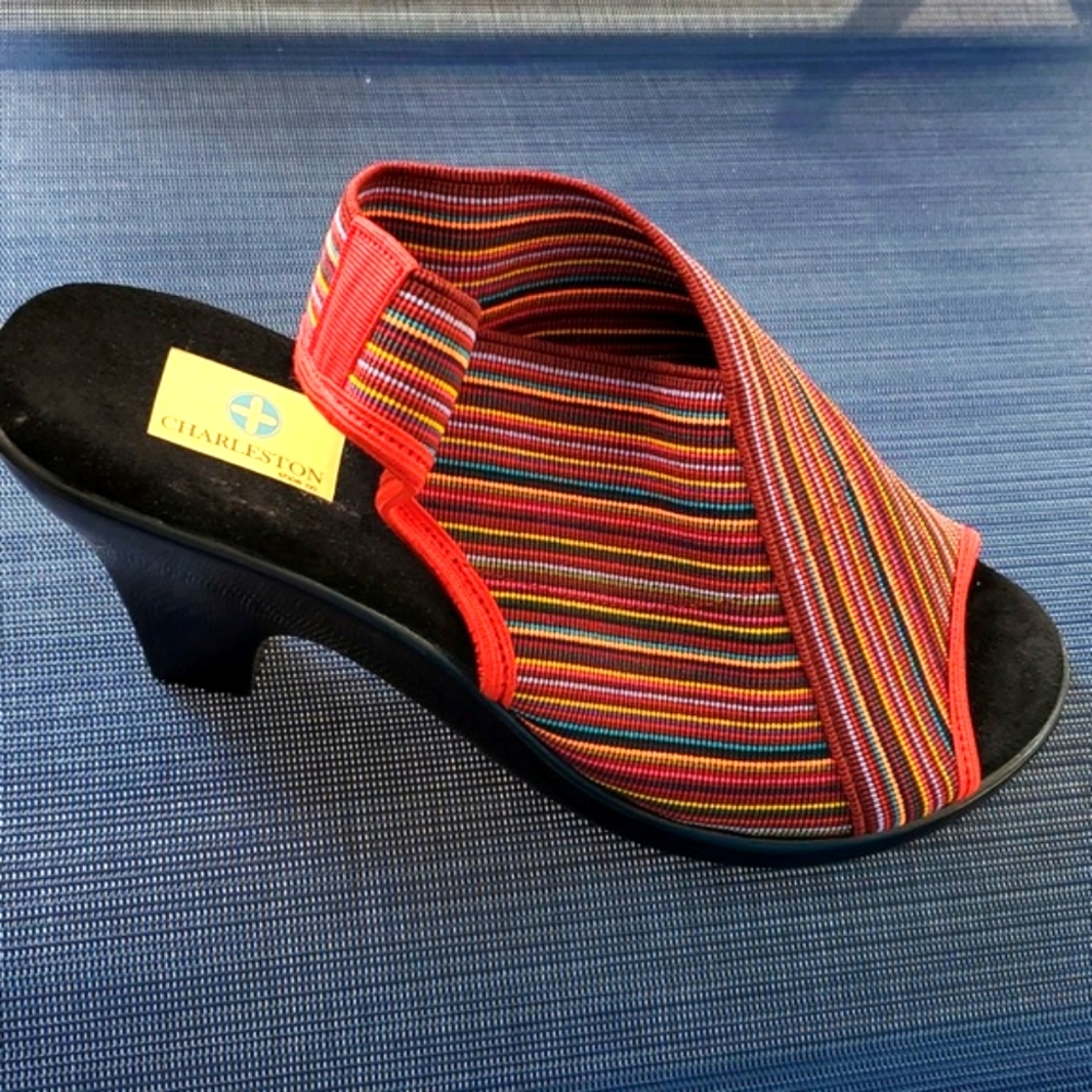 CHARLESTON SHOE CO. Red Multicolor Striped Wedge Mule
